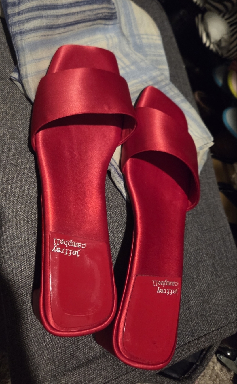 Jeffrey Campbell Red Satin Open-Toe Slide Mules